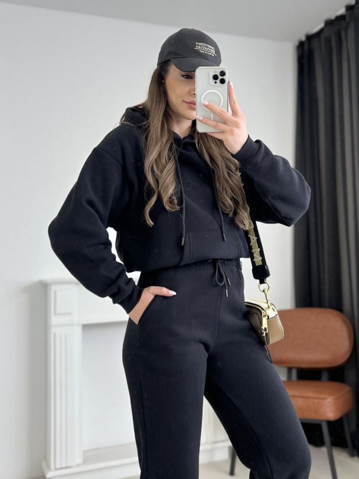 Siyah Kapüşonlu Pantolon Sweat Takım