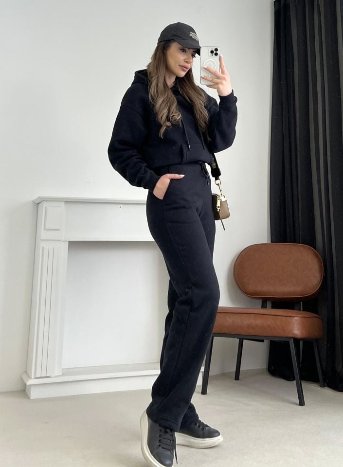 Siyah Kapüşonlu Pantolon Sweat Takım