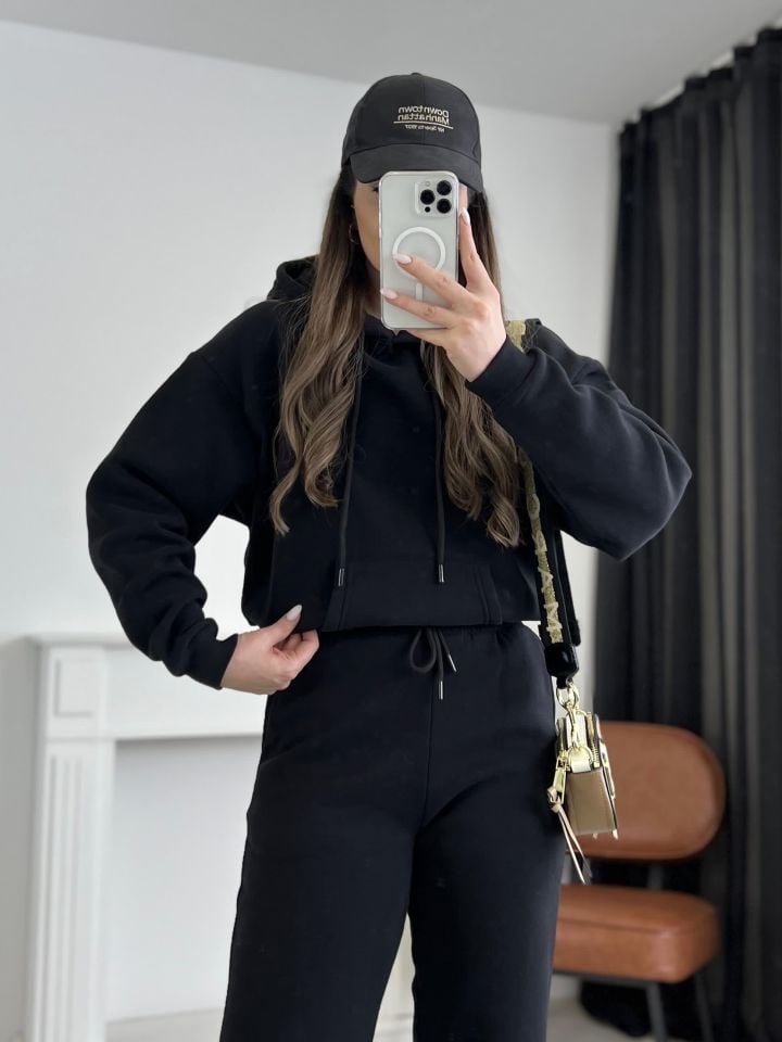 Siyah Kapüşonlu Pantolon Sweat Takım