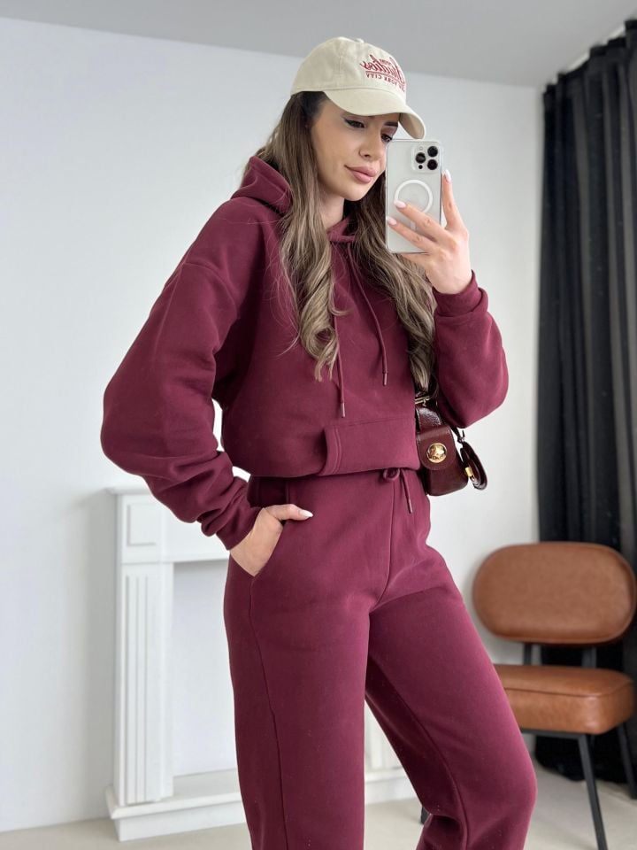 Bordo Kapüşonlu Pantolon Sweat Takım