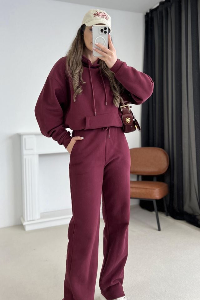 Bordo Kapüşonlu Pantolon Sweat Takım