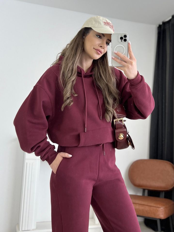 Bordo Kapüşonlu Pantolon Sweat Takım