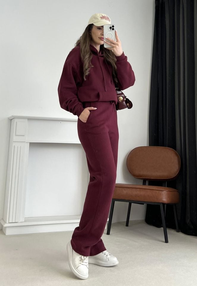 Bordo Kapüşonlu Pantolon Sweat Takım