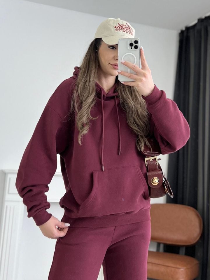 Bordo Kapüşonlu Pantolon Sweat Takım