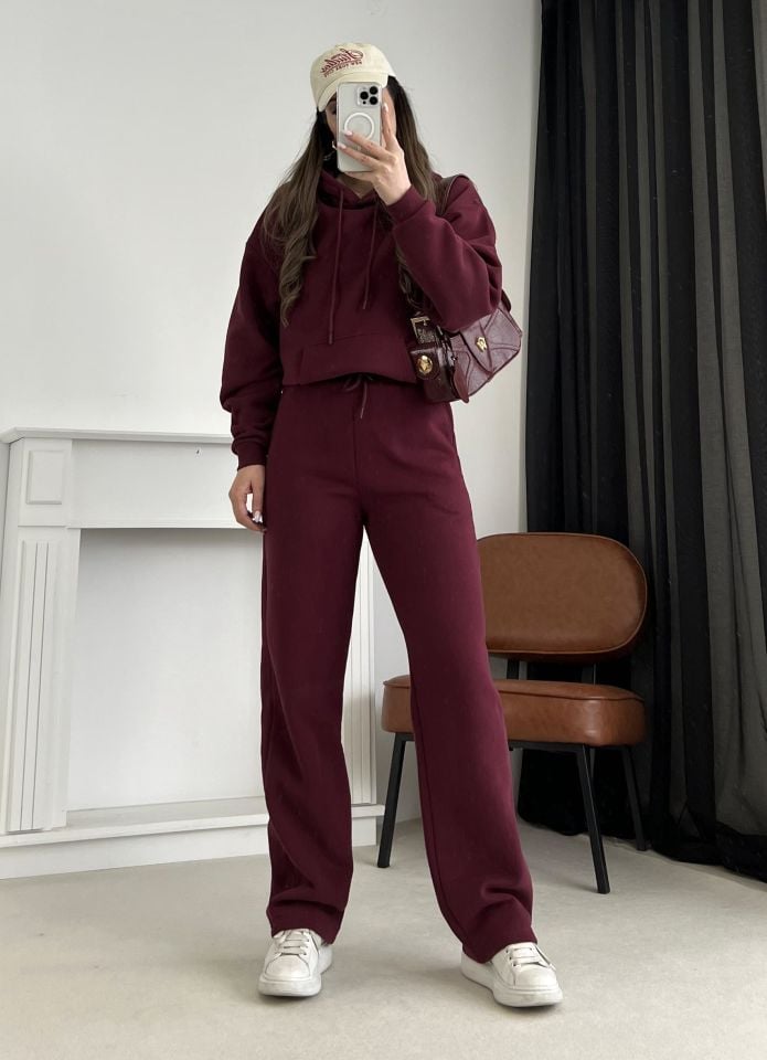 Bordo Kapüşonlu Pantolon Sweat Takım