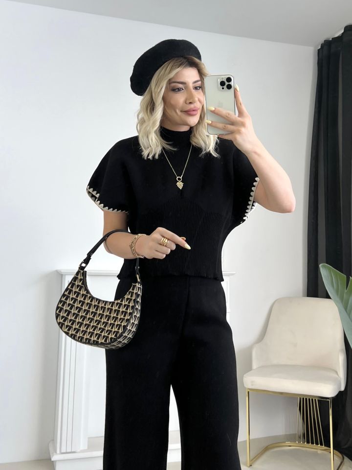 Siyah Çelik Örme Dikiş Detay Triko Takım