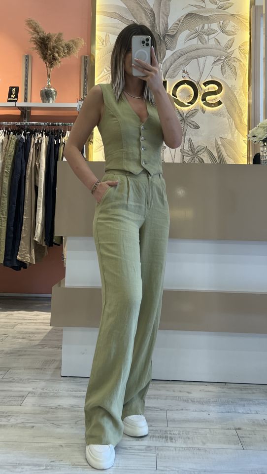 Organik Keten Palazzo Yeşil Pantolon