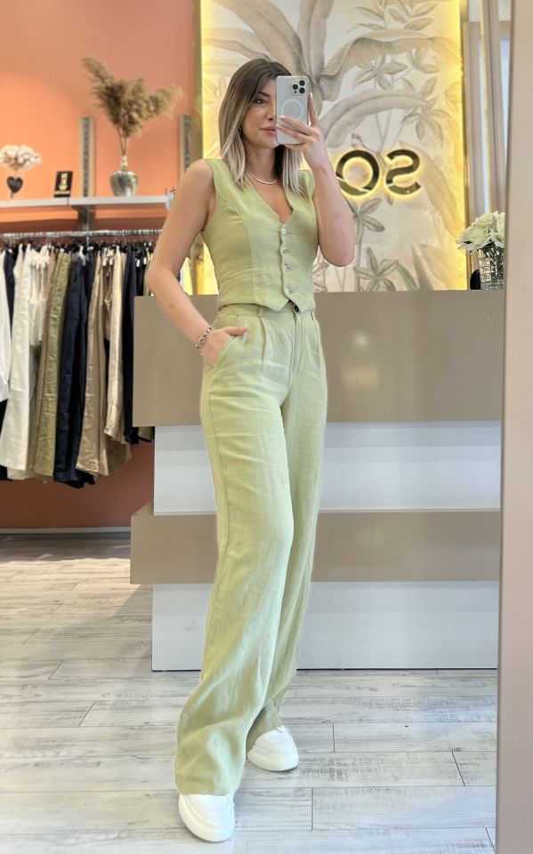Organik Keten Palazzo Yeşil Pantolon