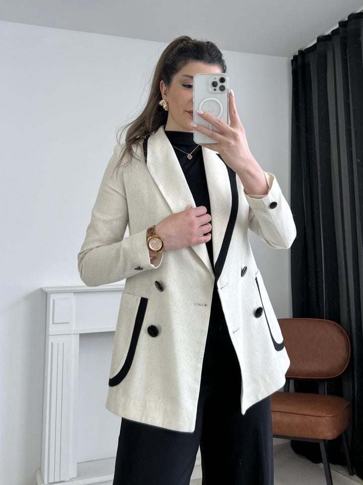Siyah Düğme Ve Cep Detay Keten Blazer Ceket
