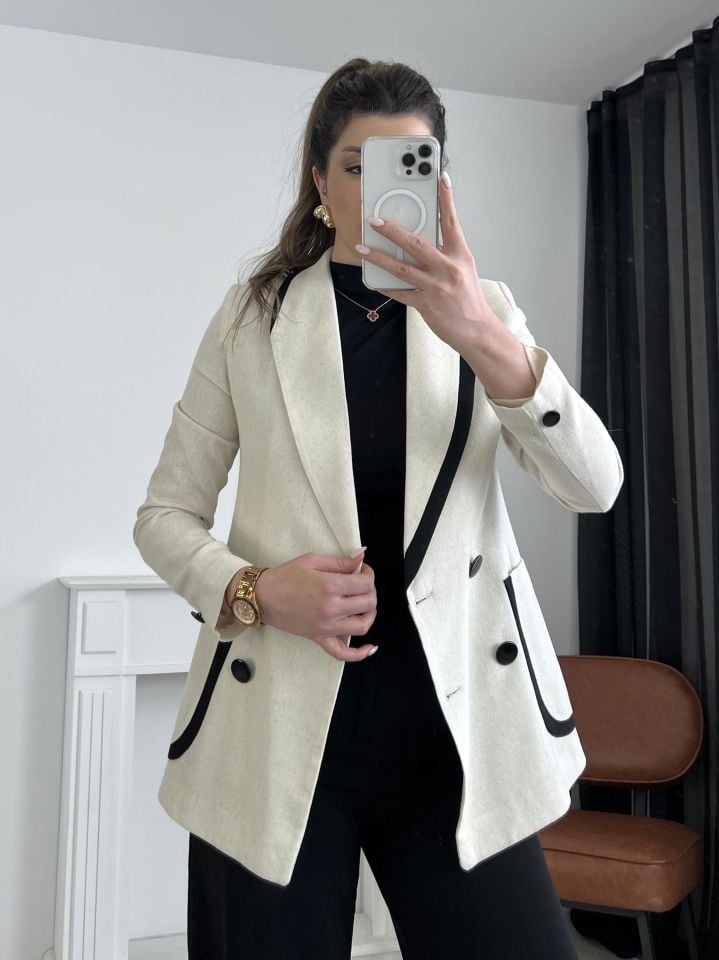 Siyah Düğme Ve Cep Detay Keten Blazer Ceket