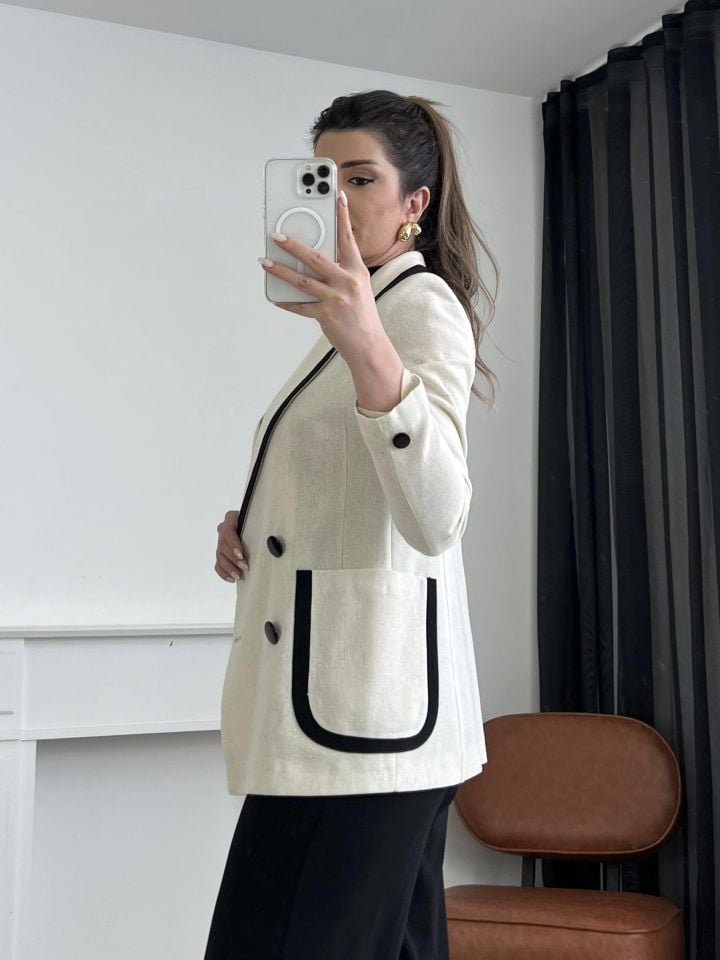 Siyah Düğme Ve Cep Detay Keten Blazer Ceket