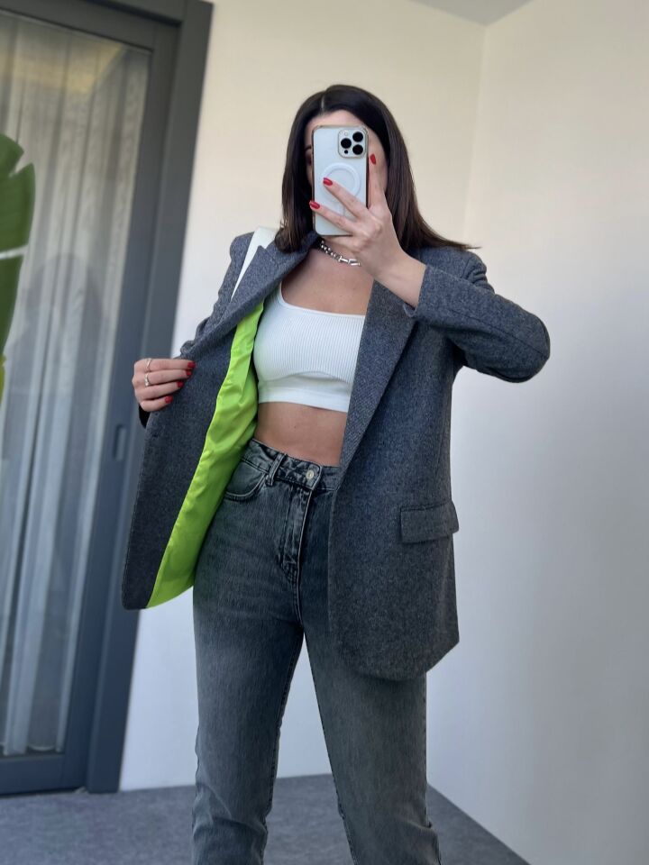 Gri Neon Astar Detay Blazer Ceket