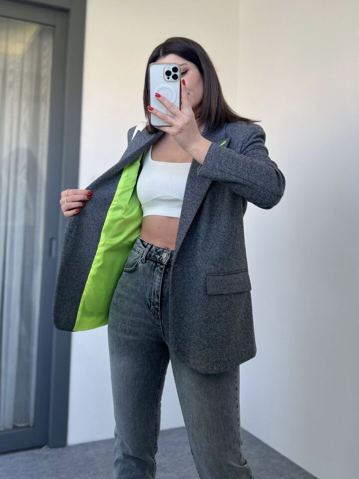 Gri Neon Astar Detay Blazer Ceket