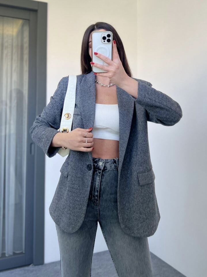 Gri Neon Astar Detay Blazer Ceket
