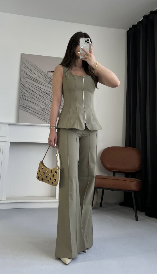 Gabardin Fermuarlı Haki Takım