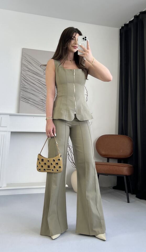 Gabardin Fermuarlı Haki Takım