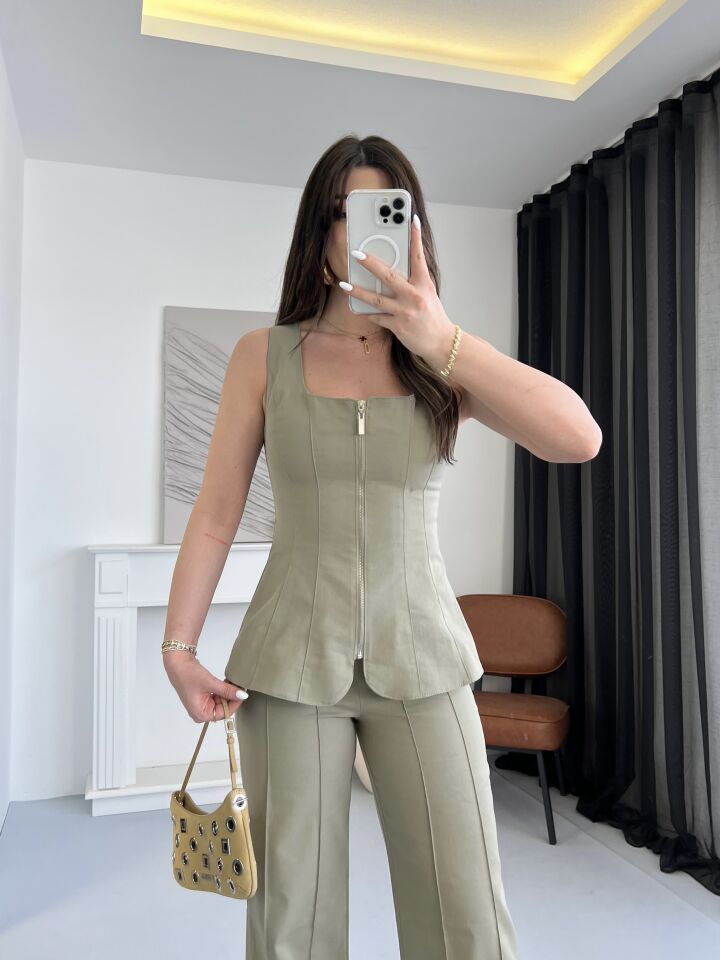 Gabardin Fermuarlı Haki Takım