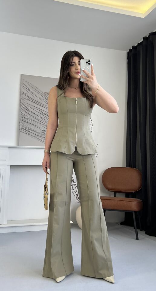 Gabardin Fermuarlı Haki Takım