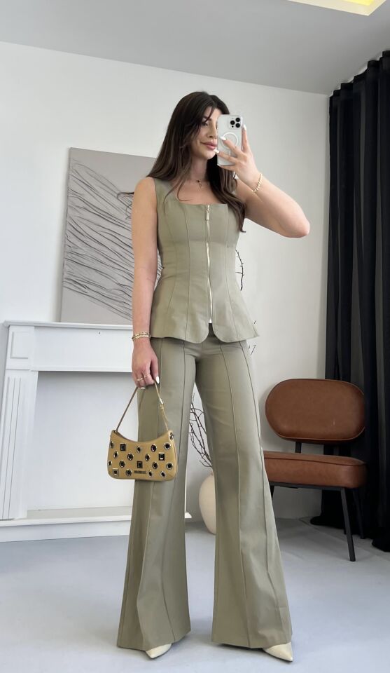 Gabardin Fermuarlı Haki Takım