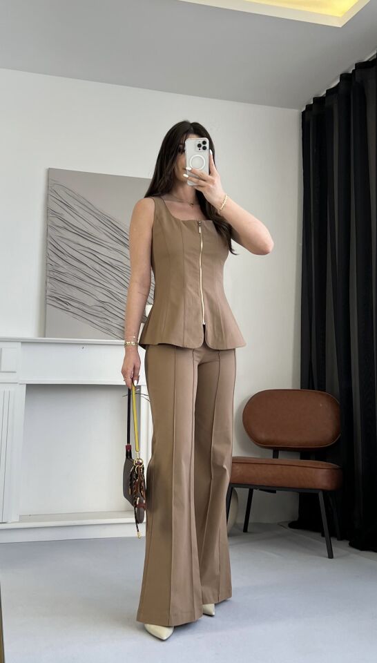 Gabardin Fermuarlı Kahve Takım