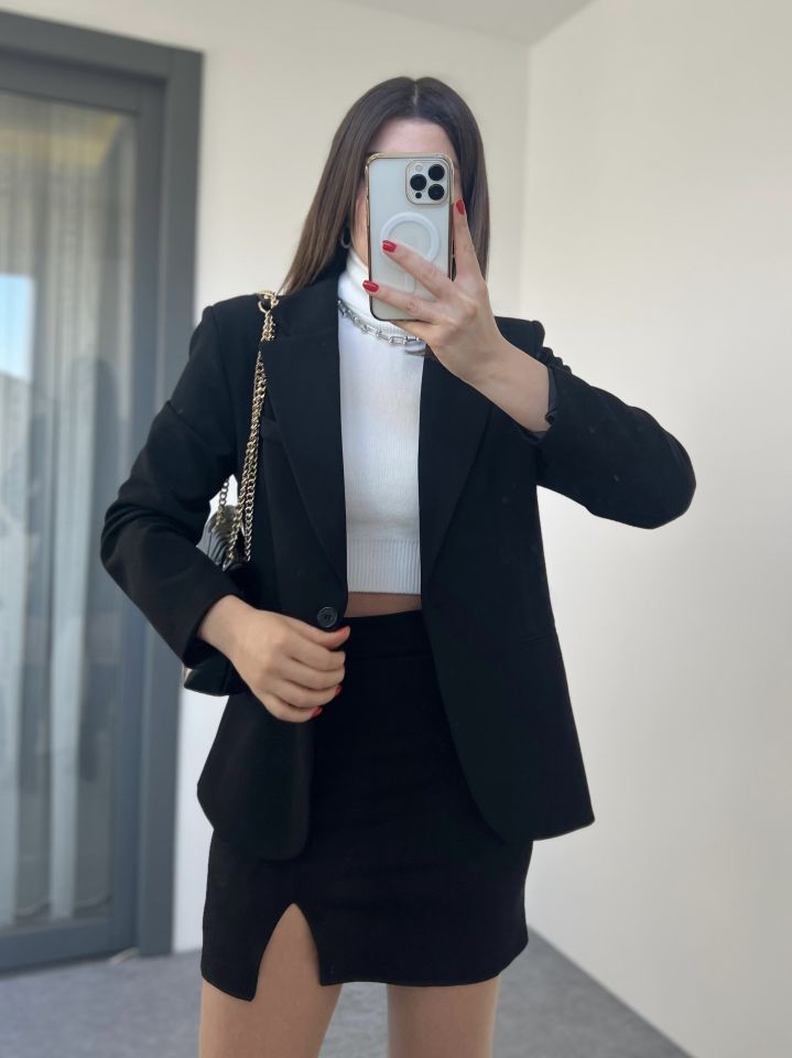 Siyah Cep Detay Tek Düğme Blazer Ceket