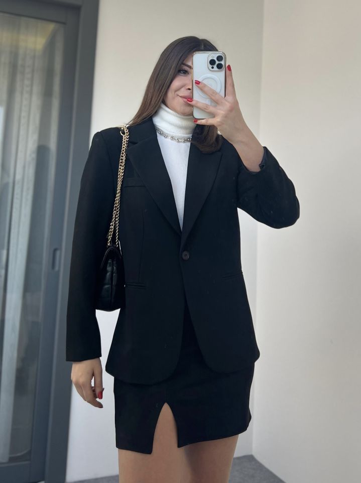 Siyah Cep Detay Tek Düğme Blazer Ceket
