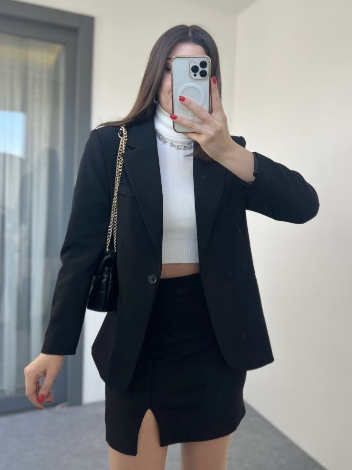 Siyah Cep Detay Tek Düğme Blazer Ceket