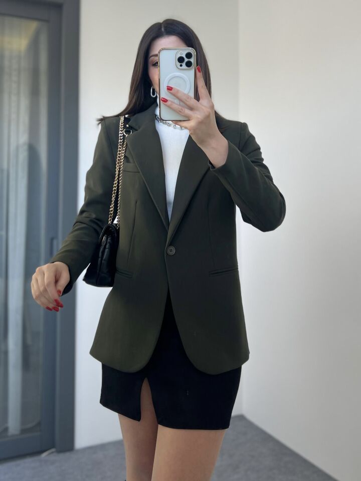 Haki Cep Detay Tek Düğme Blazer Ceket