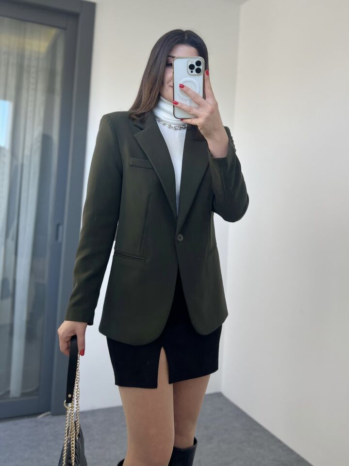 Haki Cep Detay Tek Düğme Blazer Ceket