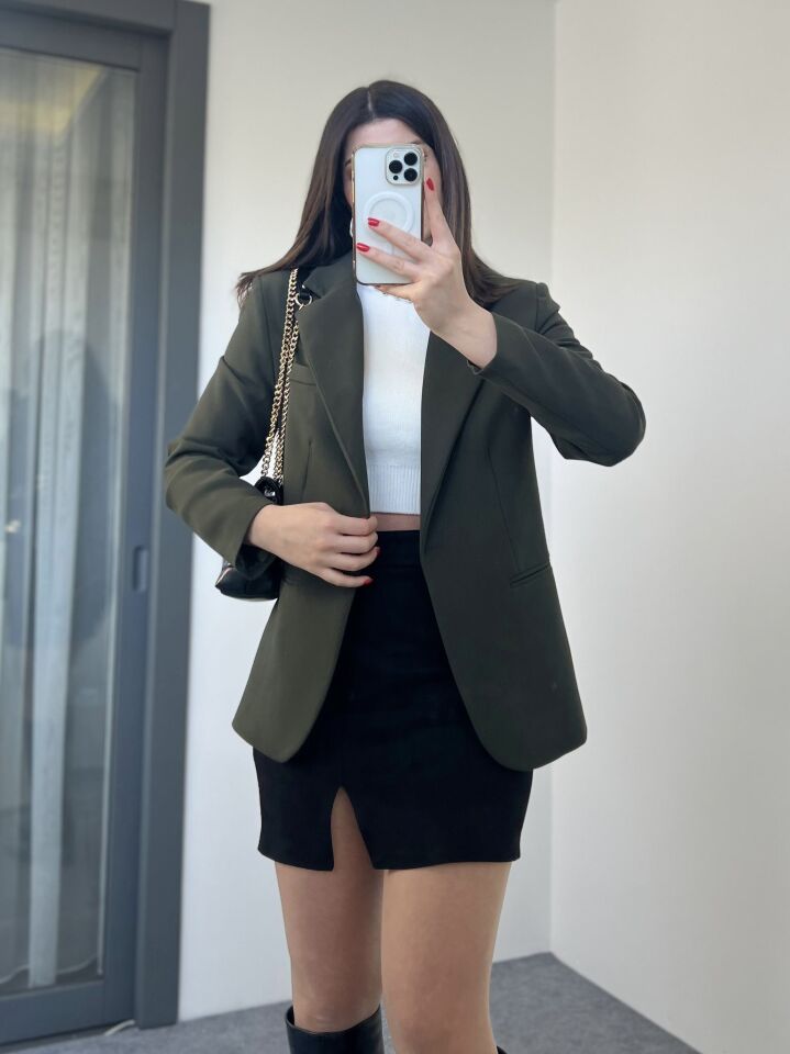Haki Cep Detay Tek Düğme Blazer Ceket