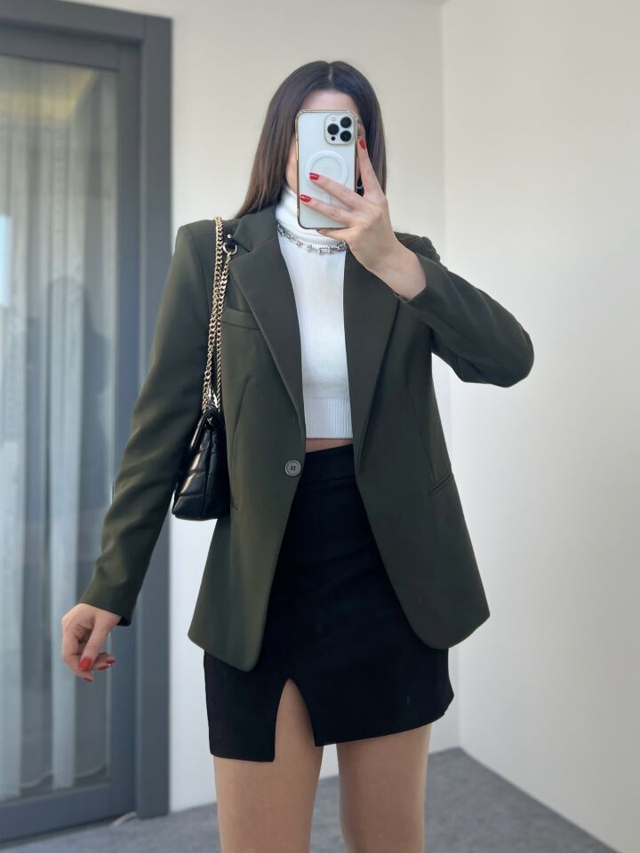 Haki Cep Detay Tek Düğme Blazer Ceket