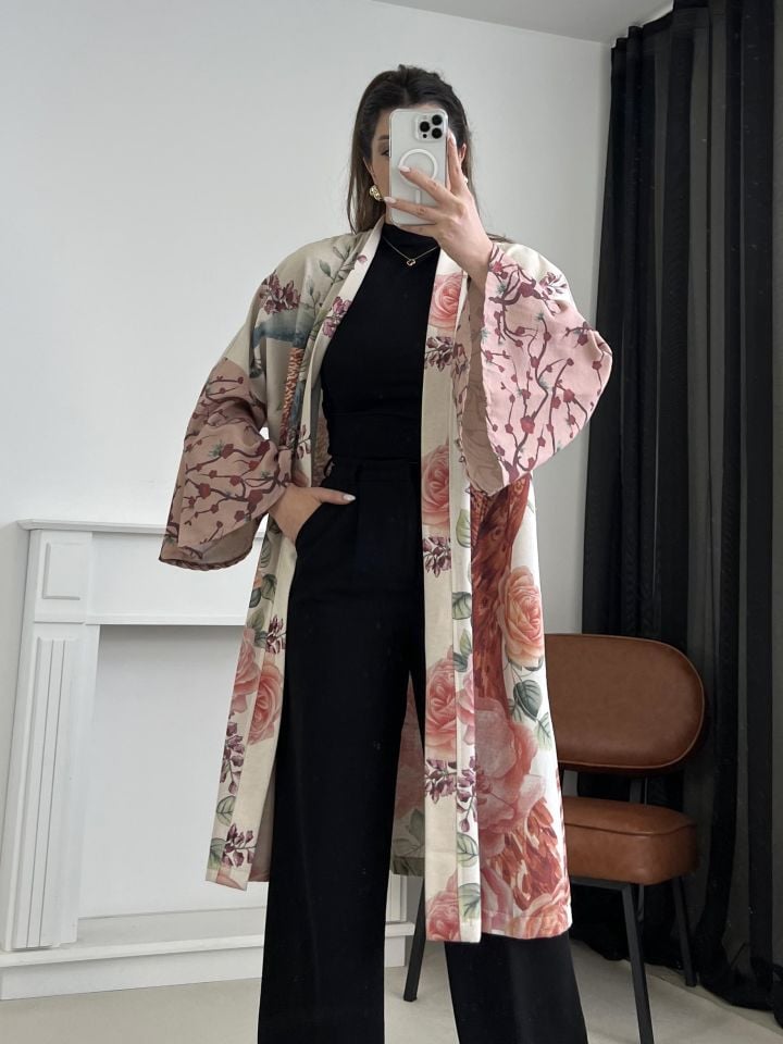 Desenli Keten Kimono