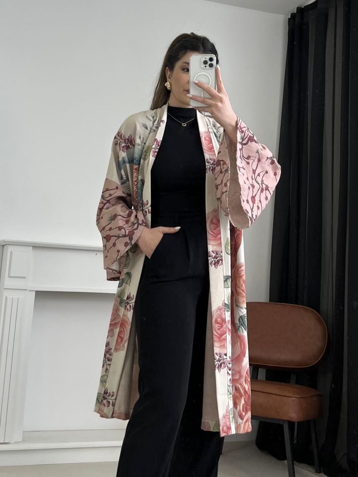 Desenli Keten Kimono