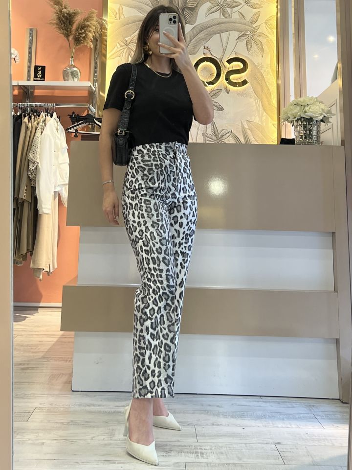 Leopar Desen Deri Pantolon