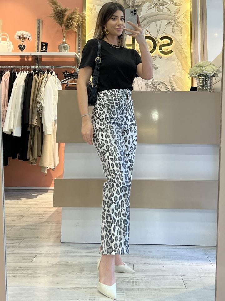 Leopar Desen Deri Pantolon