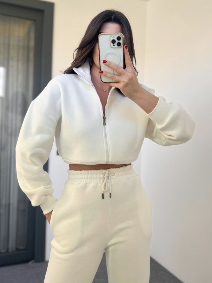 Ekru Fermuarlı Sweat Pantolon Takım