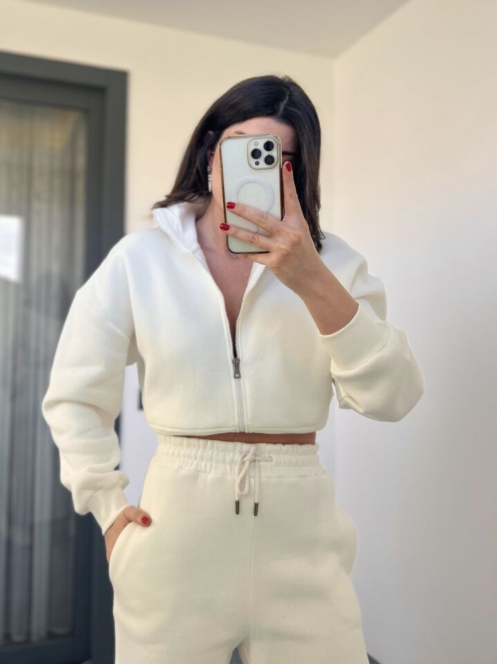 Ekru Fermuarlı Sweat Pantolon Takım