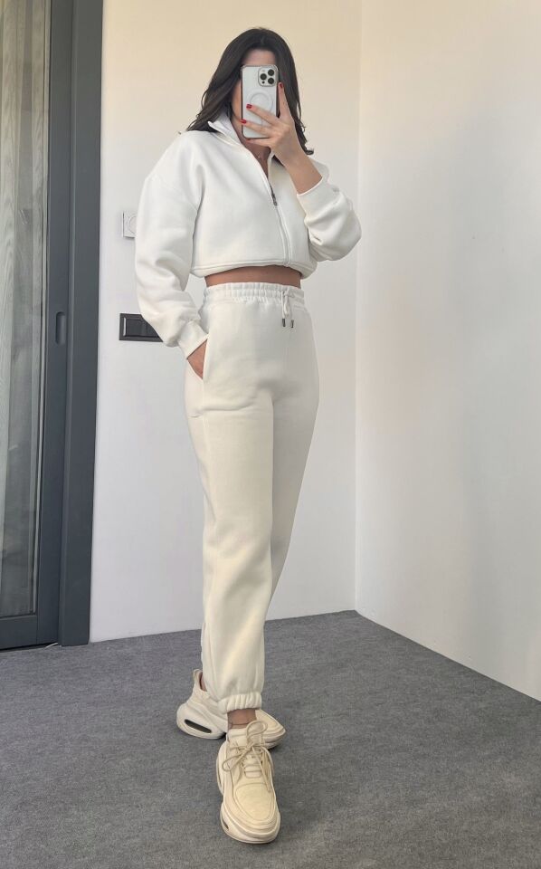 Ekru Fermuarlı Sweat Pantolon Takım