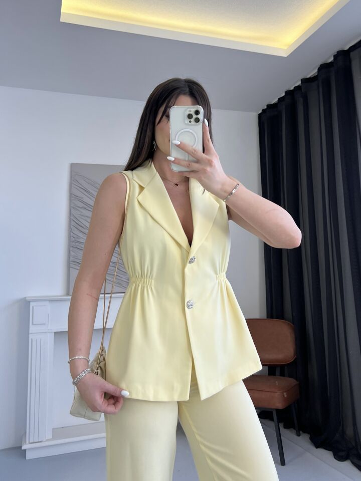 Lastik Büzgülü Sarı Yelek Takım