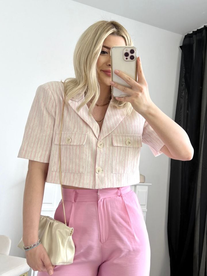 Pembe Çizgi Detay Keten Ceket