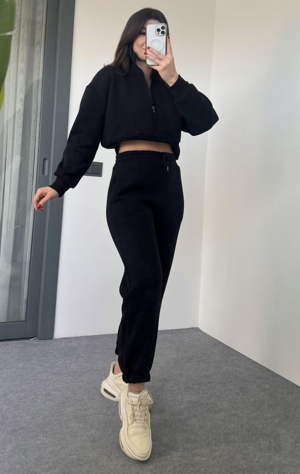 Siyah Fermuarlı Sweat Pantolon Takım