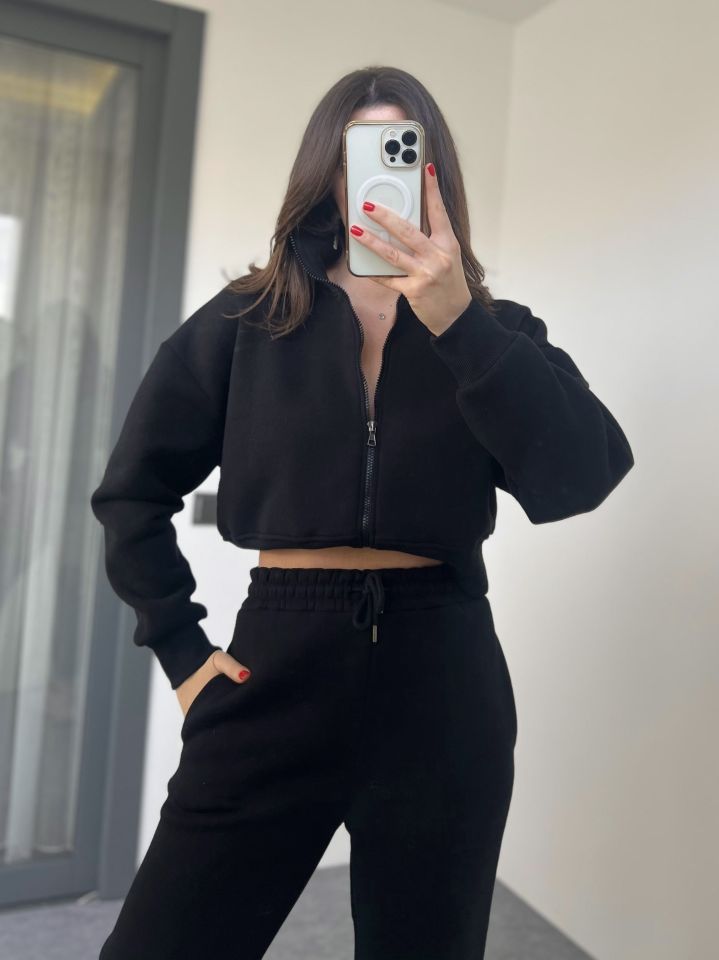Siyah Fermuarlı Sweat Pantolon Takım