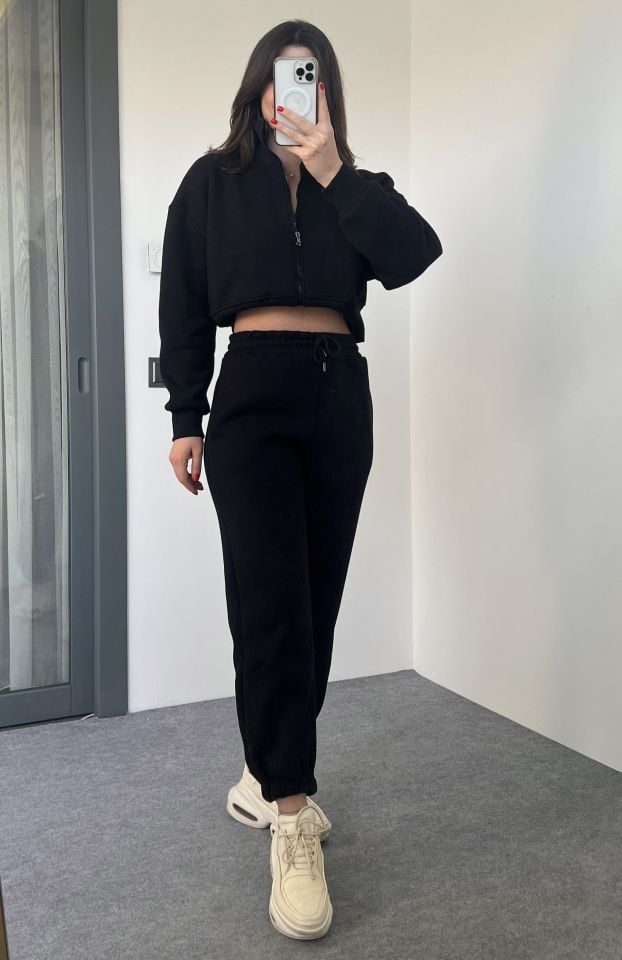 Siyah Fermuarlı Sweat Pantolon Takım