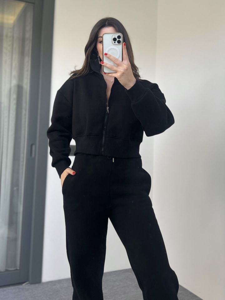 Siyah Fermuarlı Sweat Pantolon Takım