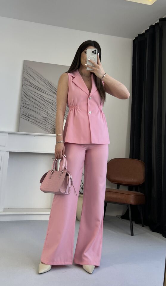 Lastik Büzgülü Pembe Yelek Takım
