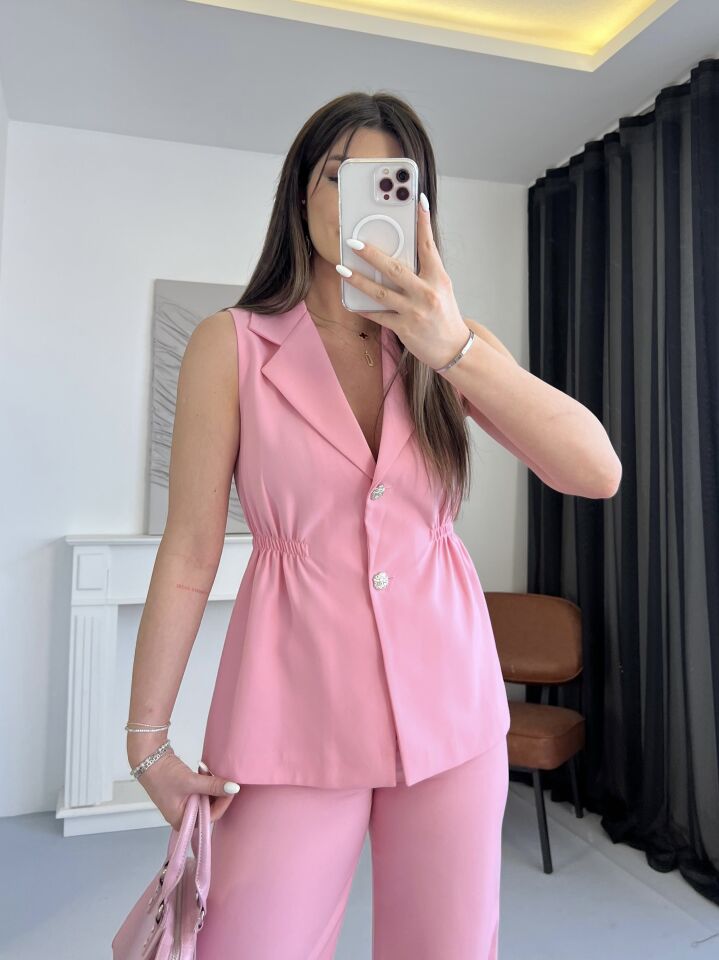 Lastik Büzgülü Pembe Yelek Takım