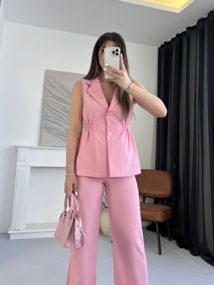 Lastik Büzgülü Pembe Yelek Takım