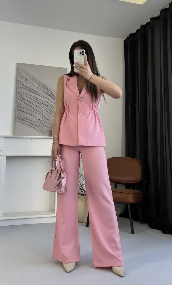 Lastik Büzgülü Pembe Yelek Takım