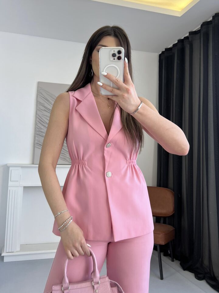 Lastik Büzgülü Pembe Yelek Takım