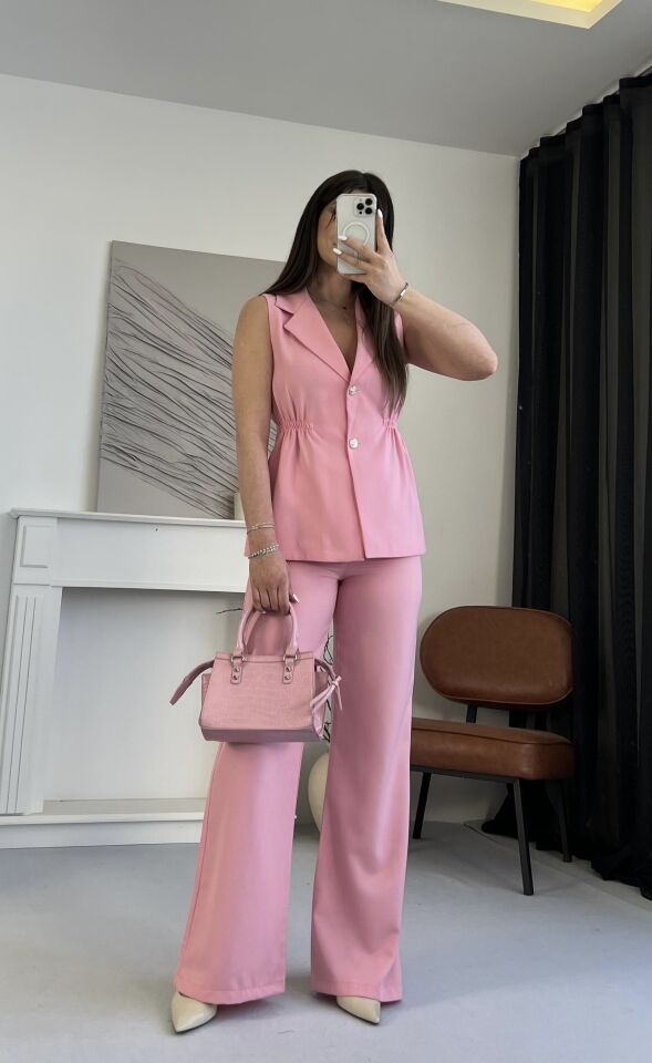 Lastik Büzgülü Pembe Yelek Takım